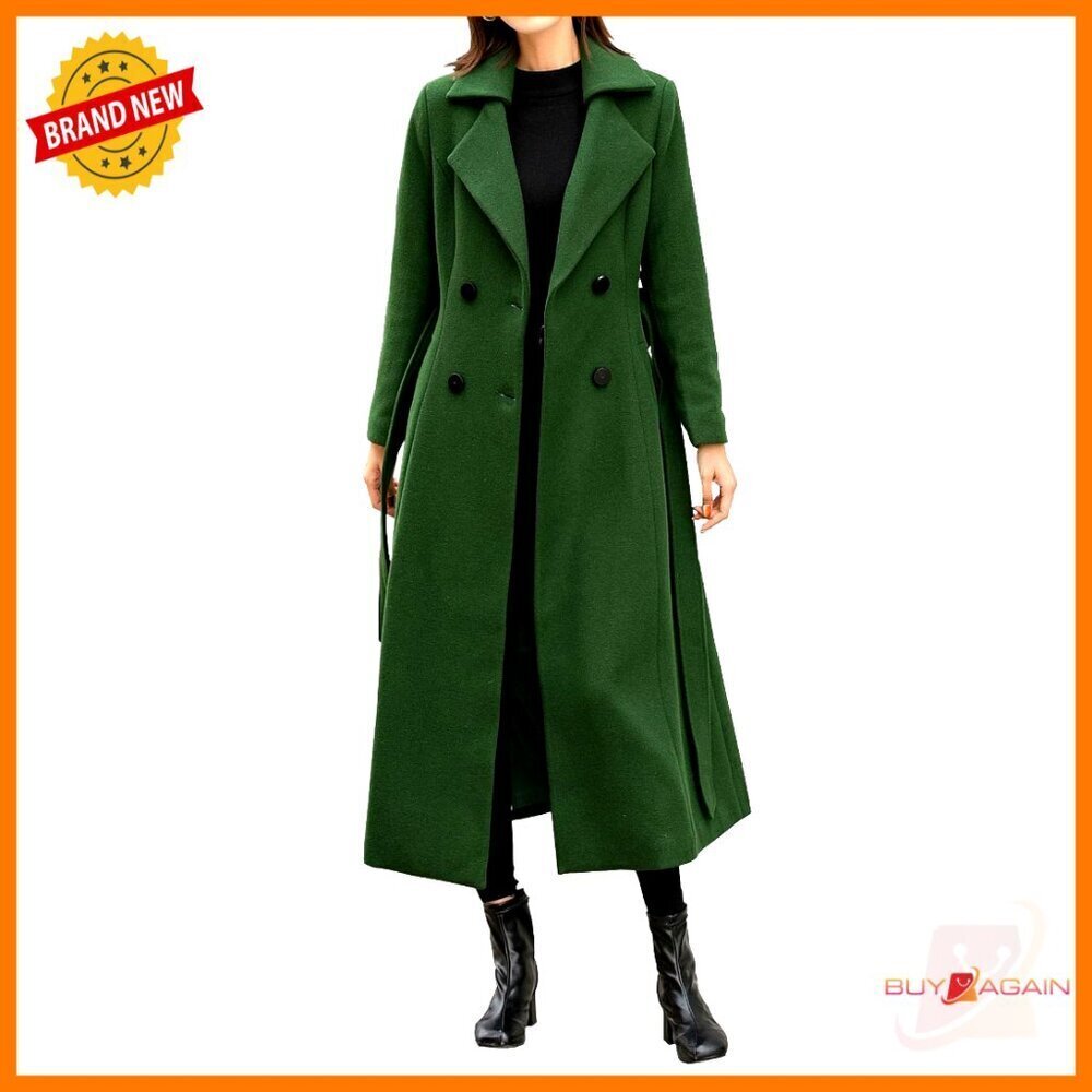 Long Wool Trench Coat Double Breasted Classic Elegant Winter Pea Coat Dressy